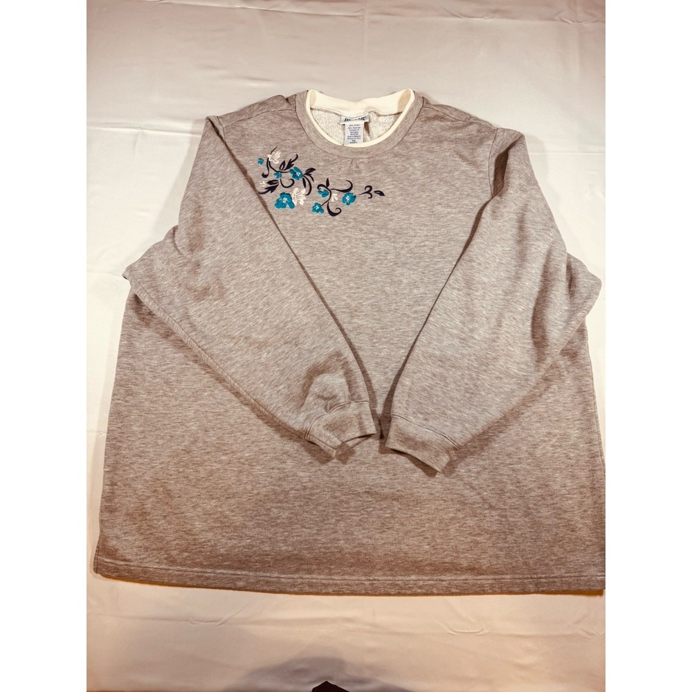 Blair Women's Vintage Soft Cotton Pullover Embroidered Florals Gray 3XL